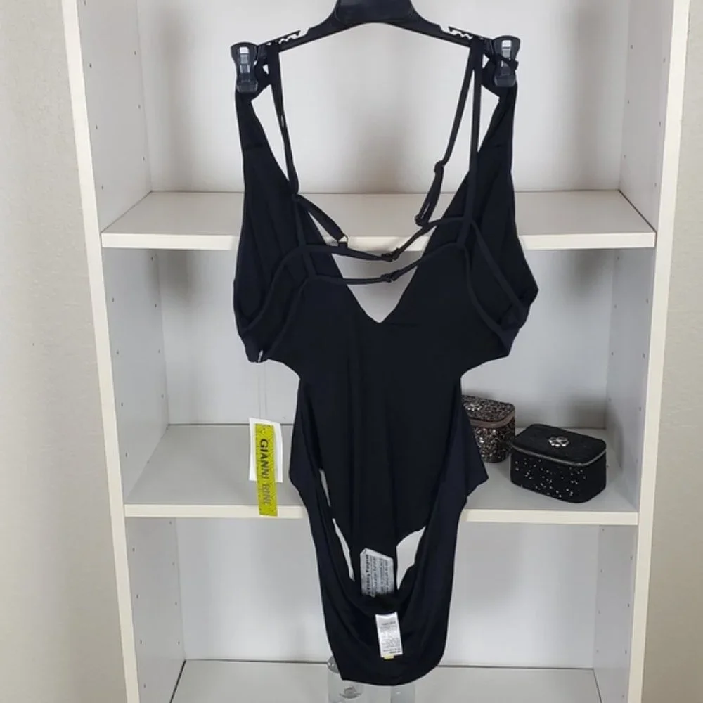 Floral Embroidered Black One Piece Plunge swimsuit SZ L NWT - Picture 8 of 8